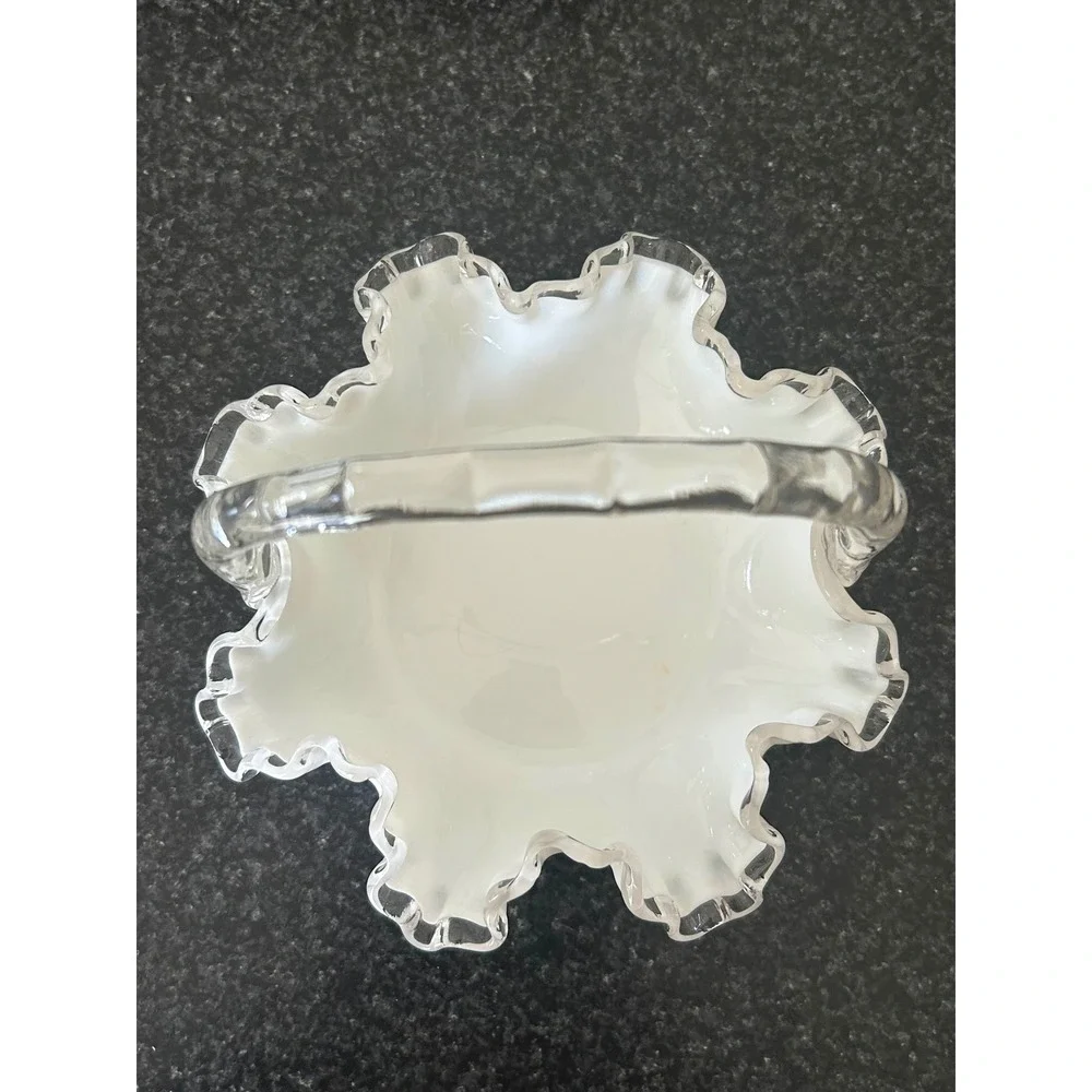 Vintage White Milk Glass Basket Clear Ruffled Edge Twisted Handle Candy Dish